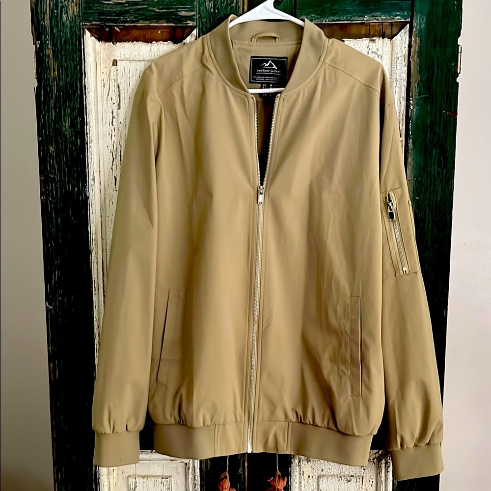 Amazon Tan Bomber Jacket with Ribbed Collar and Elastic Waistband